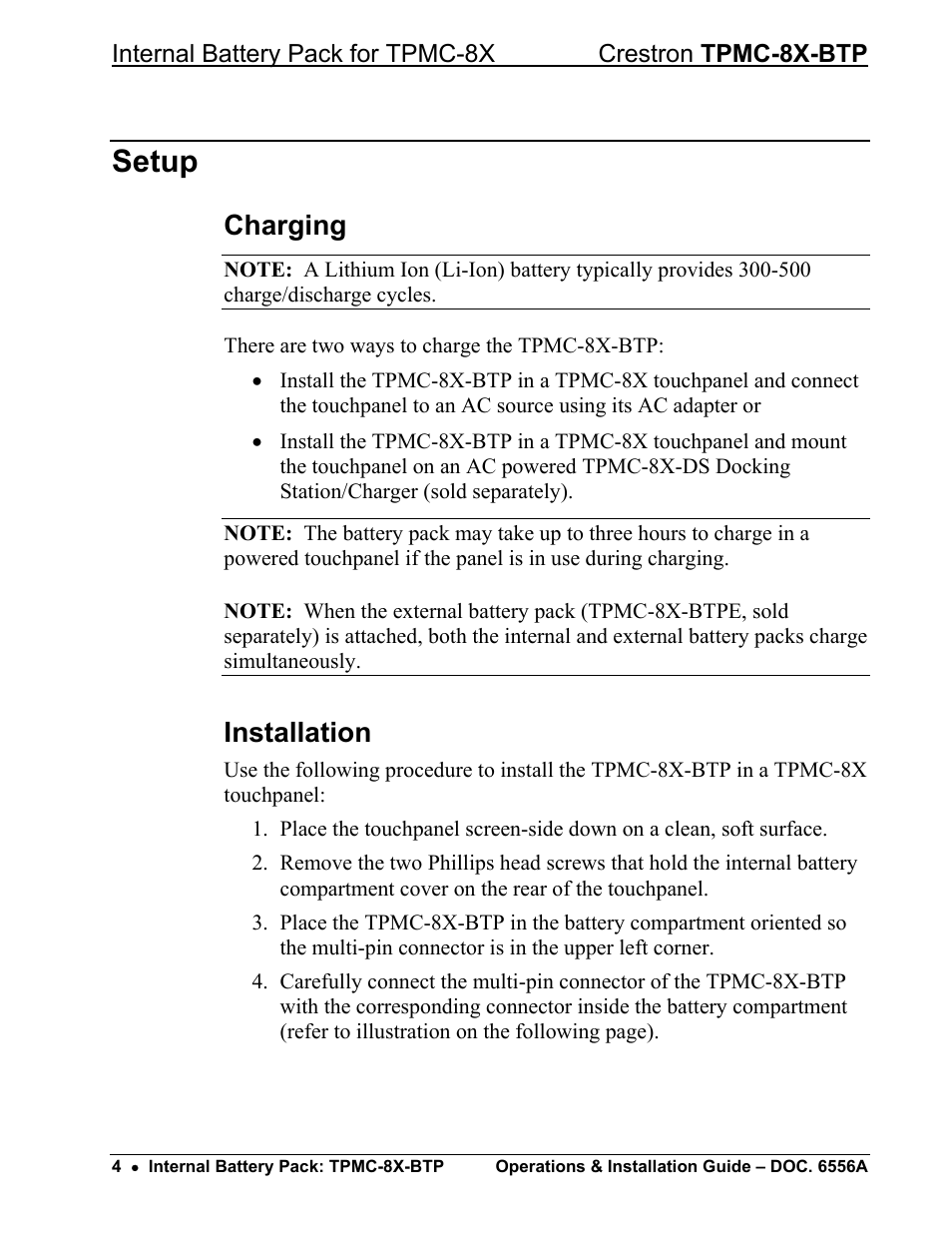 Setup, Charging, Installation | Crestron electronic TPMC-8X-BTP User Manual | Page 8 / 16