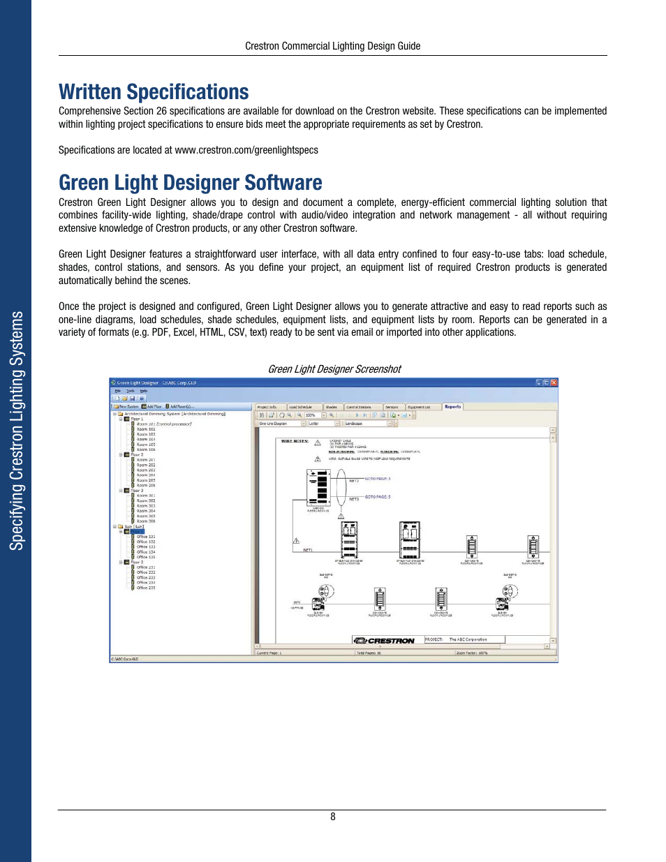 Written specifications, Green light designer software, Specifying crestron lighting systems | Crestron electronic Green Light GLPS-HSW-FT User Manual | Page 12 / 84