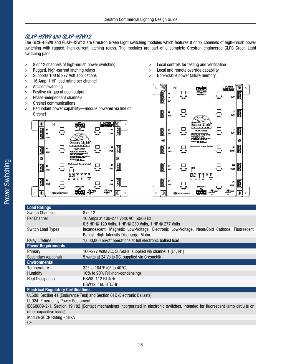 Power switching, Gglxp-hsw8 and glxp-hsw12 | Crestron electronic Green Light GLPS-HSW-FT User Manual | Page 30 / 84