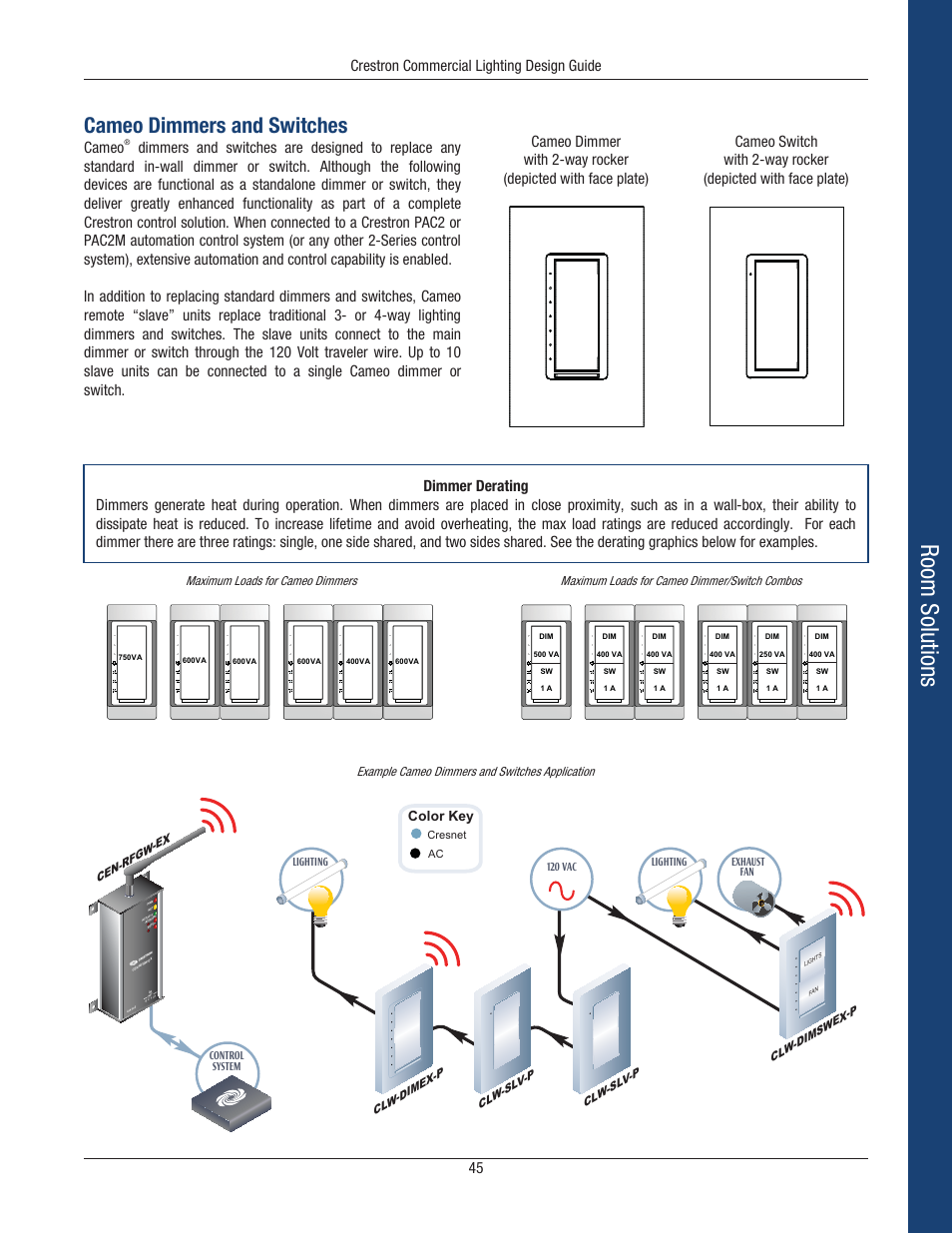 Room solutions, Cameo dimmers and switches, Crestron commercial lighting design guide 45 | Cameo | Crestron electronic Green Light GLPS-HSW-FT User Manual | Page 49 / 84