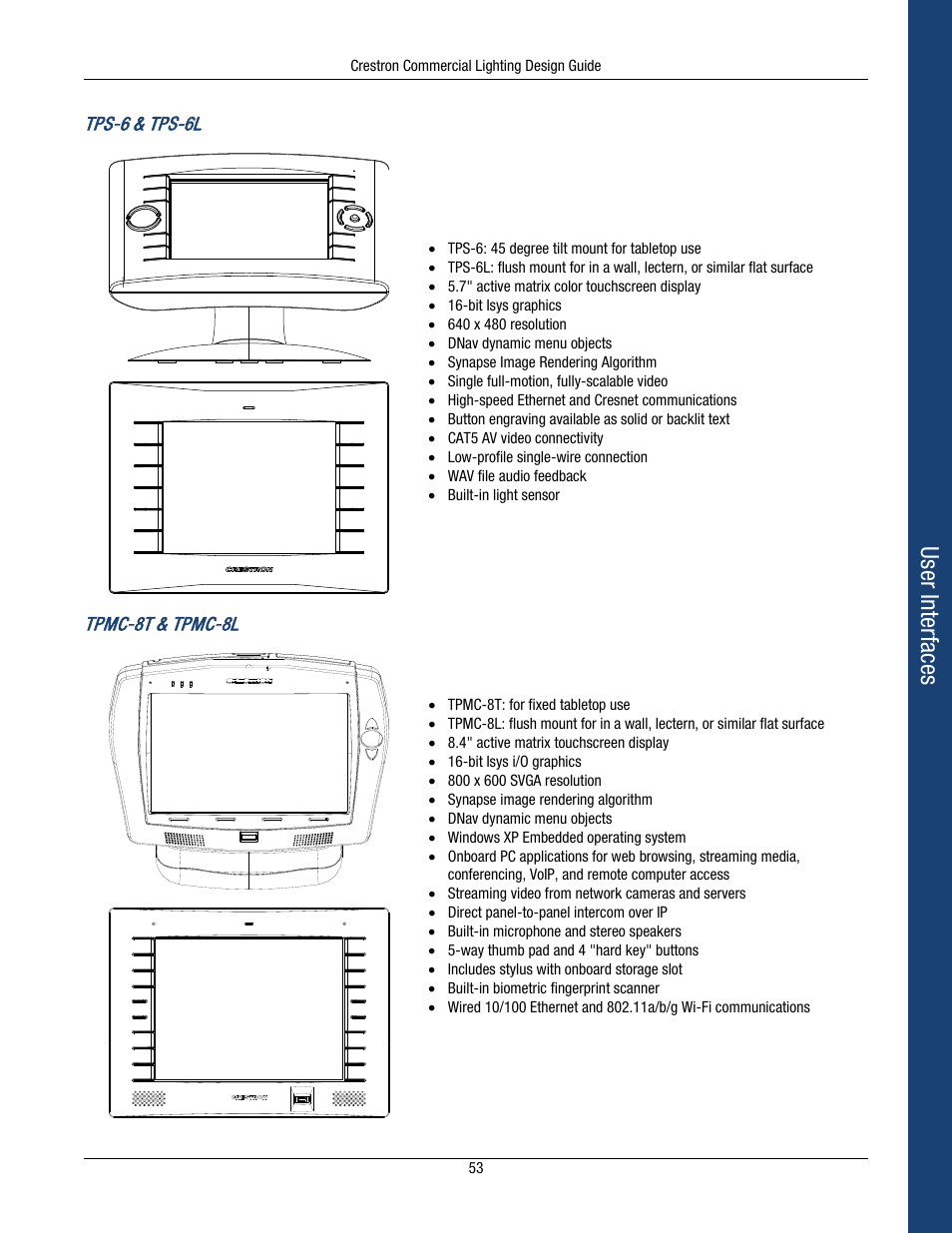 User interfaces, Tps & tps s-6 6l, Tpmc t & tpmc l | Crestron electronic Green Light GLPS-HSW-FT User Manual | Page 57 / 84