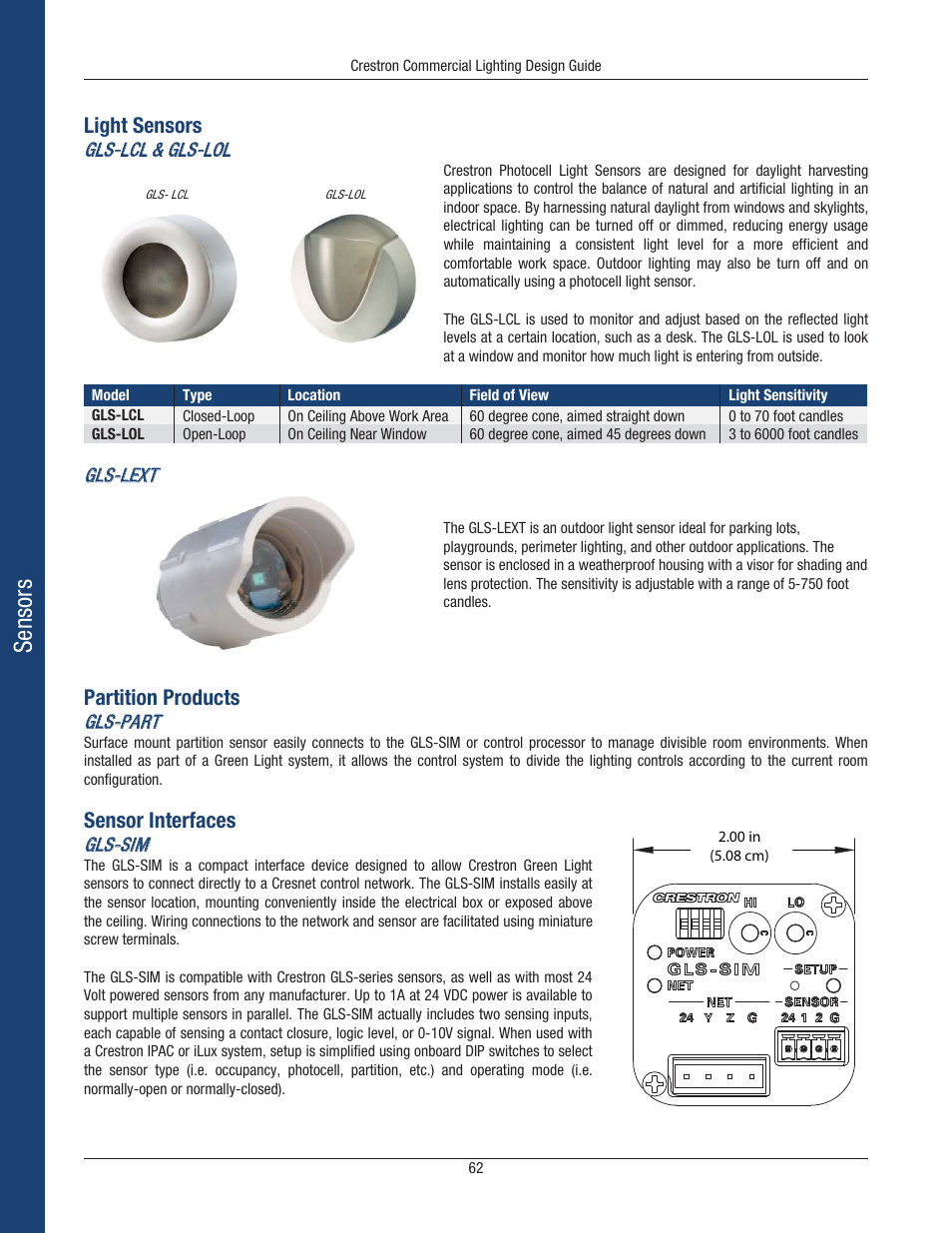 Sensors, Light sensors, Partition products | Sensor interfaces | Crestron electronic Green Light GLPS-HSW-FT User Manual | Page 66 / 84