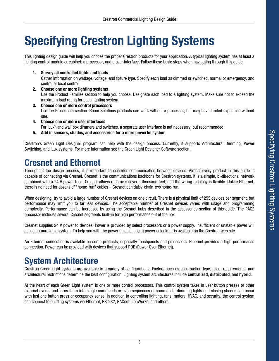 Cresnet and ethernet, System architecture, Specifying crestron lighting systems | Crestron electronic Green Light GLPS-HSW-FT User Manual | Page 7 / 84