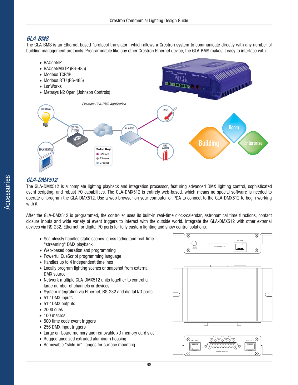 Accessories, Gla-bms, Gla-dmx512 | Crestron commercial lighting design guide 68 | Crestron electronic Green Light GLPS-HSW-FT User Manual | Page 72 / 84