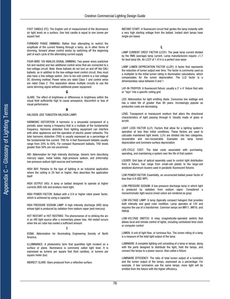 Appendix c – glossary of lighting ter m s | Crestron electronic Green Light GLPS-HSW-FT User Manual | Page 80 / 84