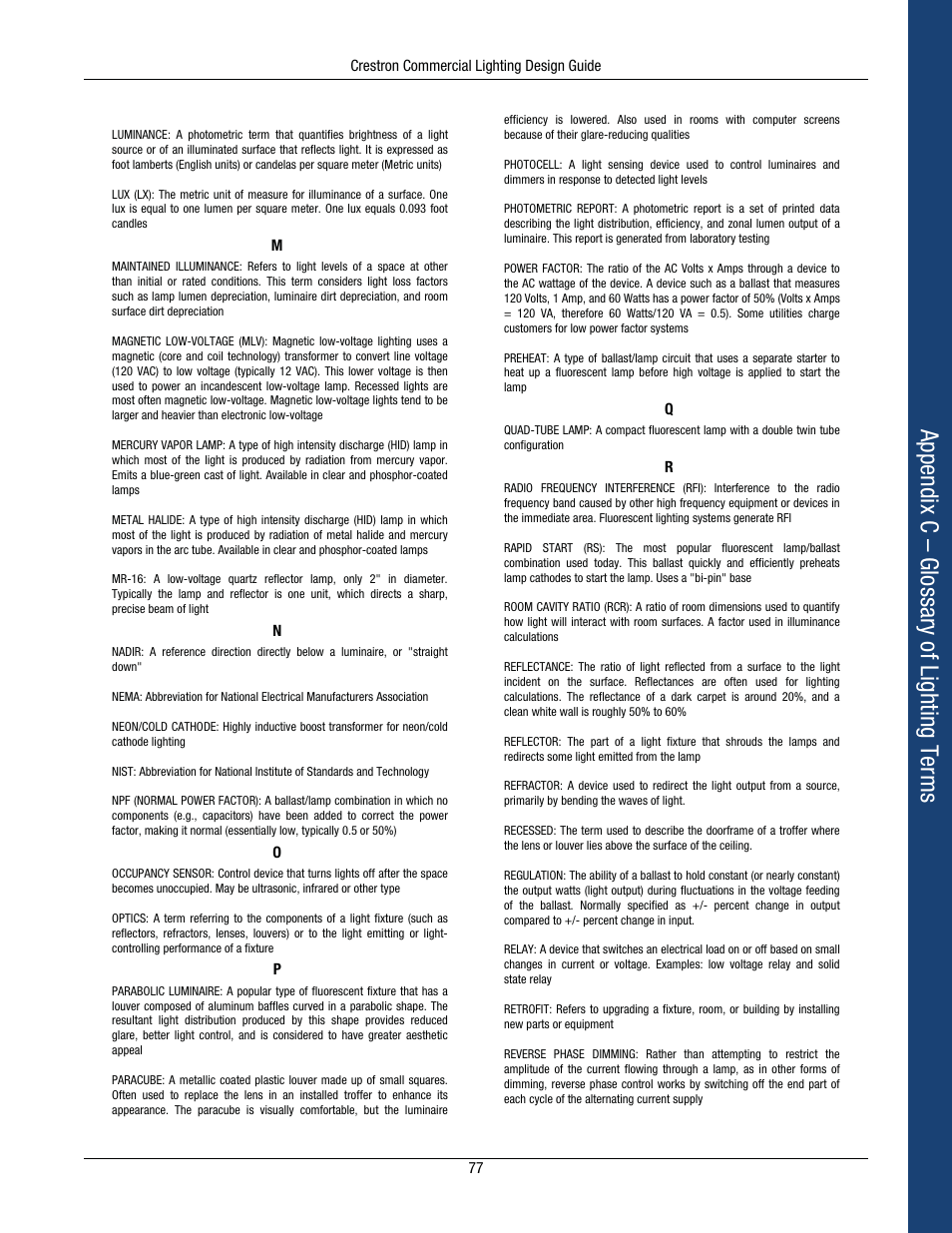 Appendix c – glossary of lighting ter m s | Crestron electronic Green Light GLPS-HSW-FT User Manual | Page 81 / 84