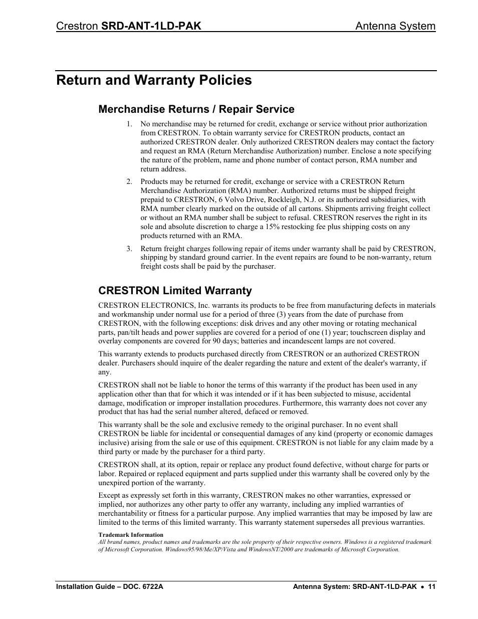 Return and warranty policies, Merchandise returns / repair service, Crestron limited warranty | Crestron srd-ant-1ld-pak antenna system | Crestron electronic Antenna System SRD-ANT-1LD-PAK User Manual | Page 15 / 16