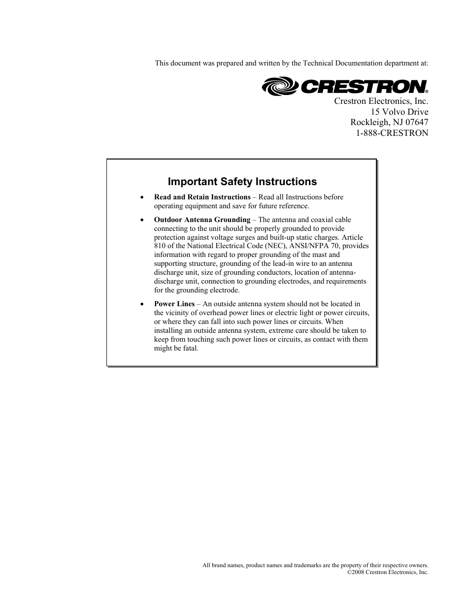 Important safety instructions | Crestron electronic Antenna System SRD-ANT-1LD-PAK User Manual | Page 2 / 16
