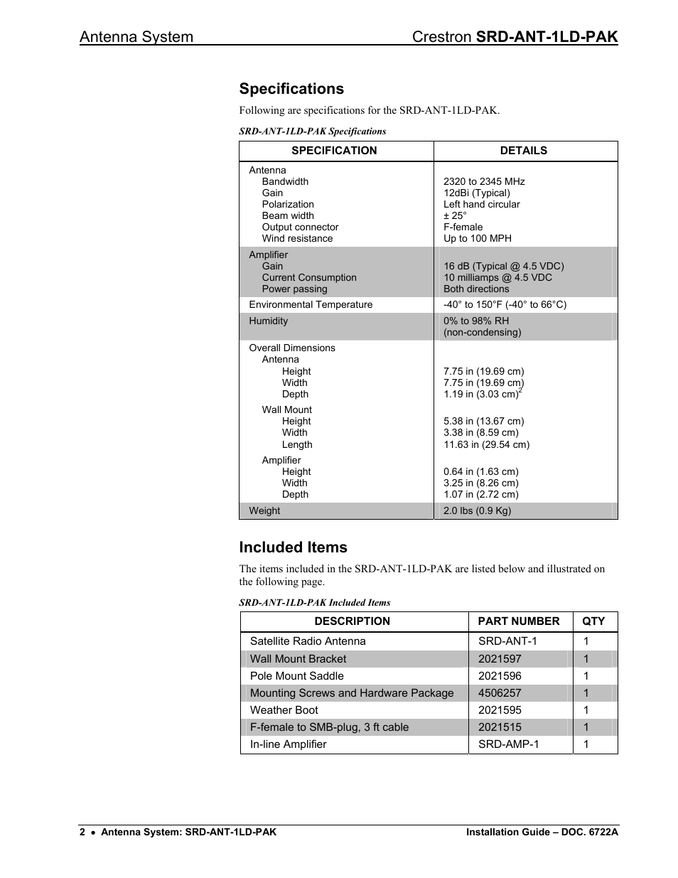 Specifications, Included items | Crestron electronic Antenna System SRD-ANT-1LD-PAK User Manual | Page 6 / 16