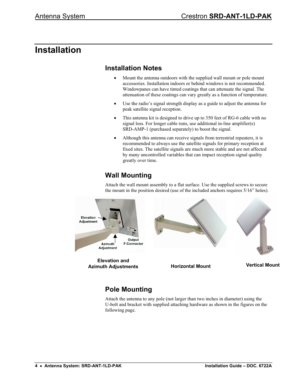Installation, Installation notes, Wall mounting | Pole mounting, Antenna system crestron srd-ant-1ld-pak | Crestron electronic Antenna System SRD-ANT-1LD-PAK User Manual | Page 8 / 16