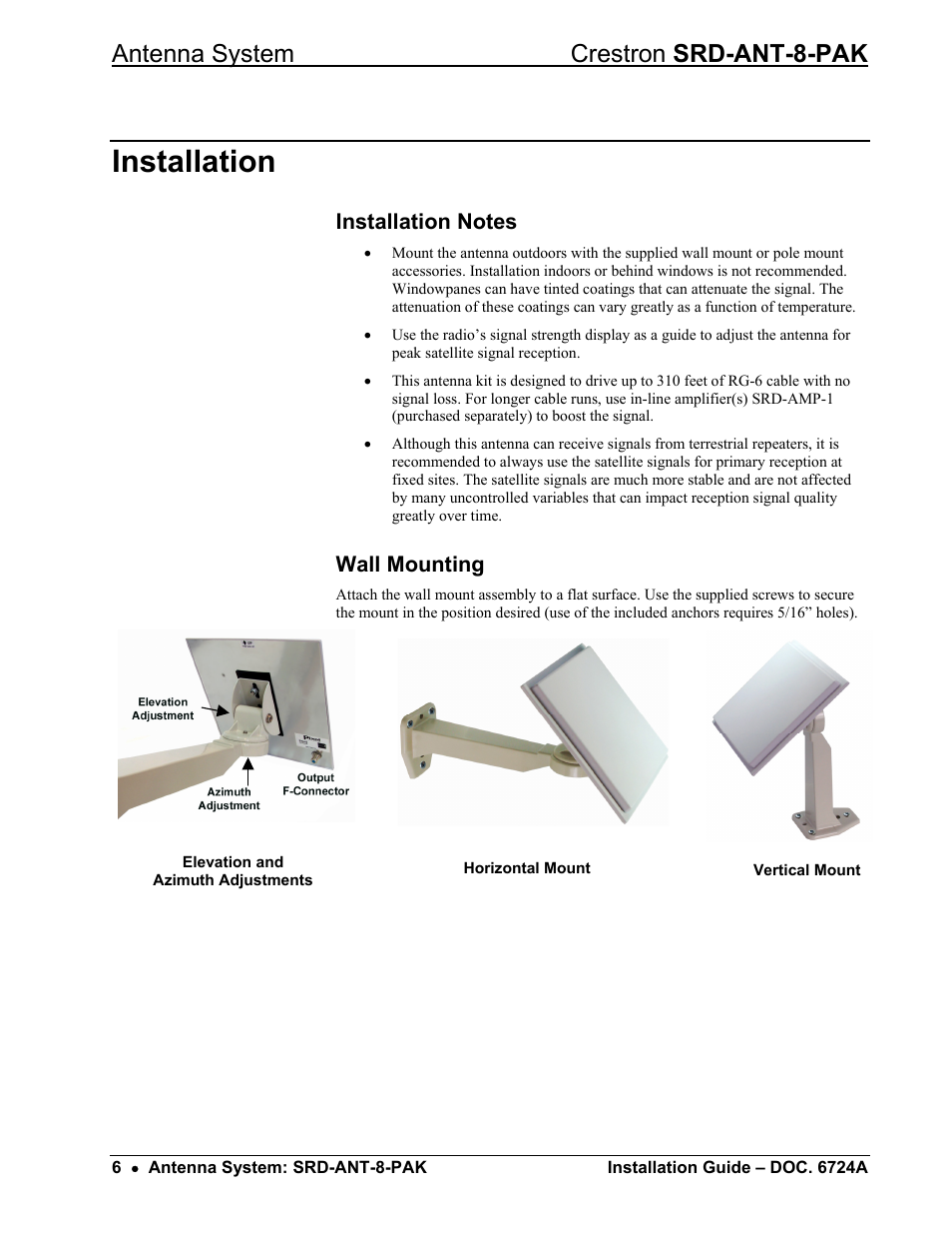 Installation, Installation notes, Wall mounting | Antenna system crestron srd-ant-8-pak | Crestron electronic Antenna System SRD-ANT-8-PAK User Manual | Page 10 / 20