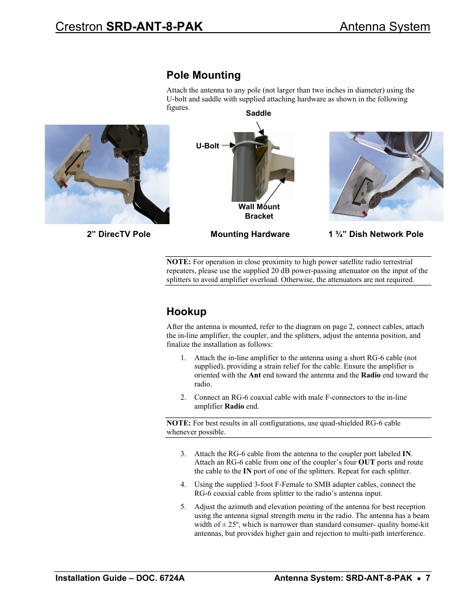 Pole mounting, Hookup, Crestron srd-ant-8-pak antenna system | Crestron electronic Antenna System SRD-ANT-8-PAK User Manual | Page 11 / 20