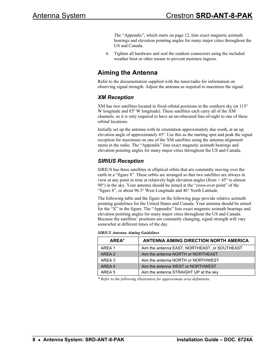 Aiming the antenna, Xm reception, Sirius reception | Antenna system crestron srd-ant-8-pak | Crestron electronic Antenna System SRD-ANT-8-PAK User Manual | Page 12 / 20