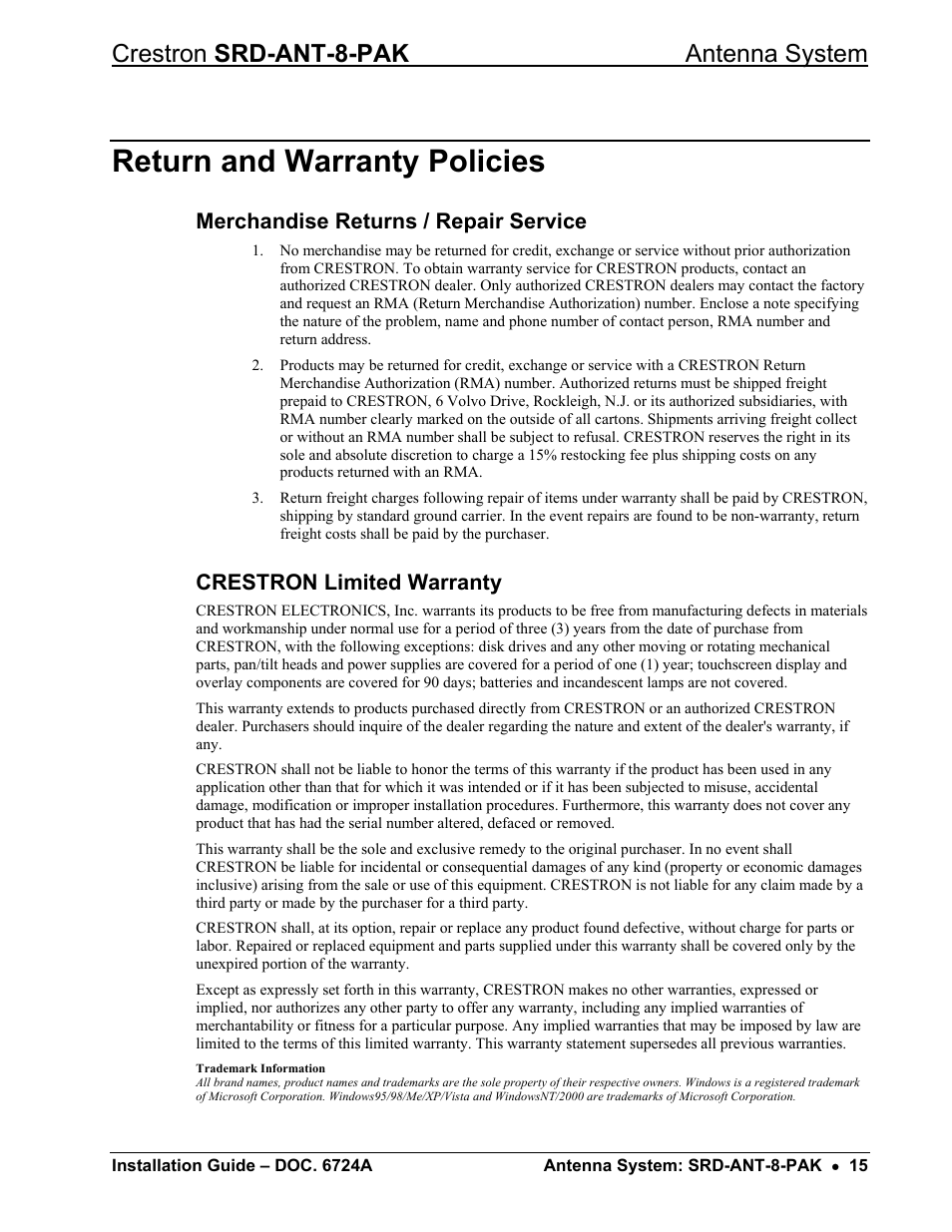 Return and warranty policies, Merchandise returns / repair service, Crestron limited warranty | Crestron srd-ant-8-pak antenna system | Crestron electronic Antenna System SRD-ANT-8-PAK User Manual | Page 19 / 20