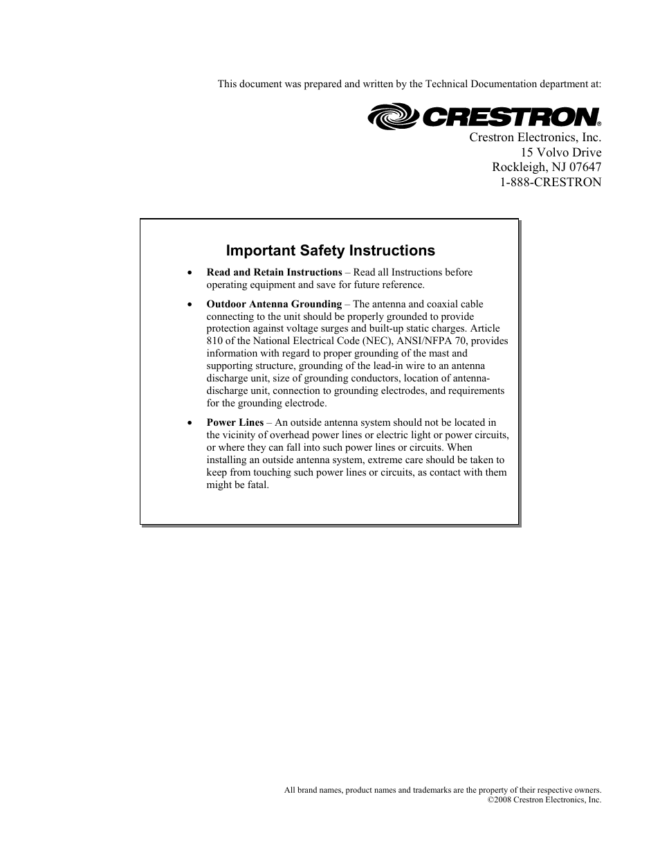 Important safety instructions | Crestron electronic Antenna System SRD-ANT-8-PAK User Manual | Page 2 / 20