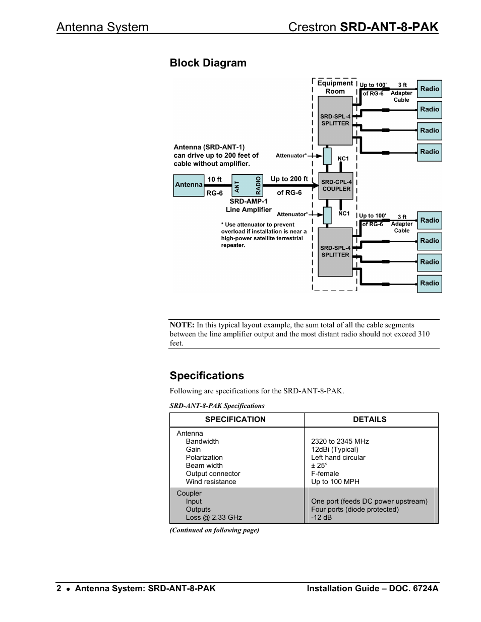 Block diagram, Specifications, Antenna system crestron srd-ant-8-pak | Crestron electronic Antenna System SRD-ANT-8-PAK User Manual | Page 6 / 20