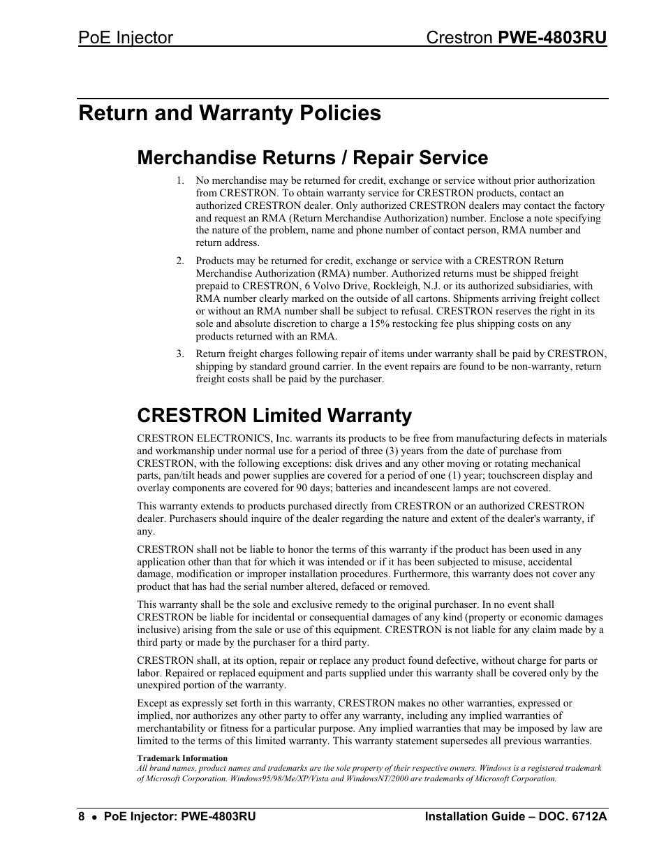 Return and warranty policies, Merchandise returns / repair service, Crestron limited warranty | Poe injector crestron pwe-4803ru | Crestron electronic Network Device PWE-4803RU User Manual | Page 10 / 12