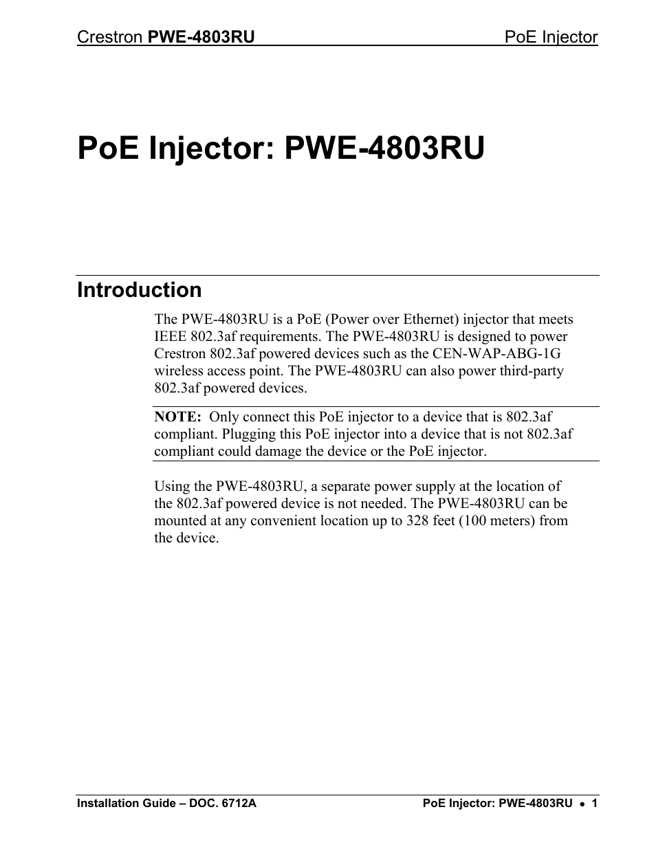 Poe injector: pwe-4803ru, Introduction | Crestron electronic Network Device PWE-4803RU User Manual | Page 3 / 12