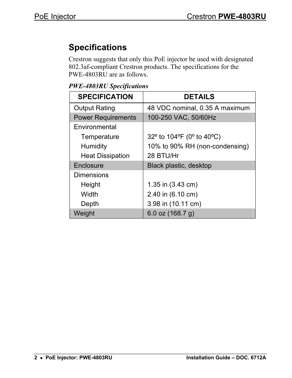 Specifications | Crestron electronic Network Device PWE-4803RU User Manual | Page 4 / 12