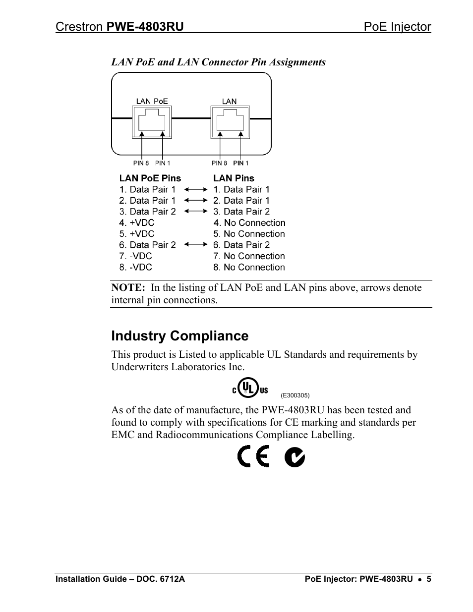 Industry compliance, Crestron pwe-4803ru poe injector | Crestron electronic Network Device PWE-4803RU User Manual | Page 7 / 12