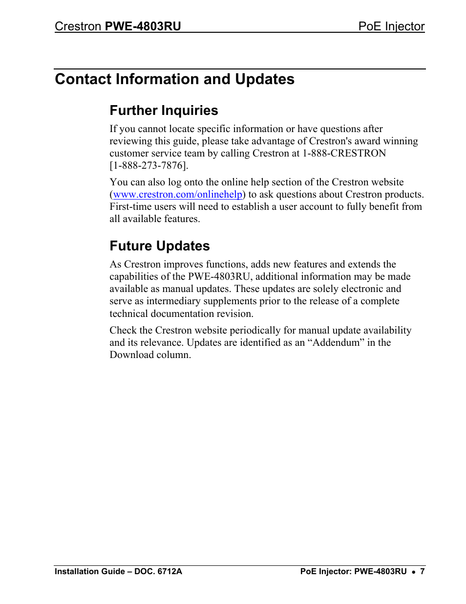 Contact information and updates, Further inquiries, Future updates | Crestron electronic Network Device PWE-4803RU User Manual | Page 9 / 12