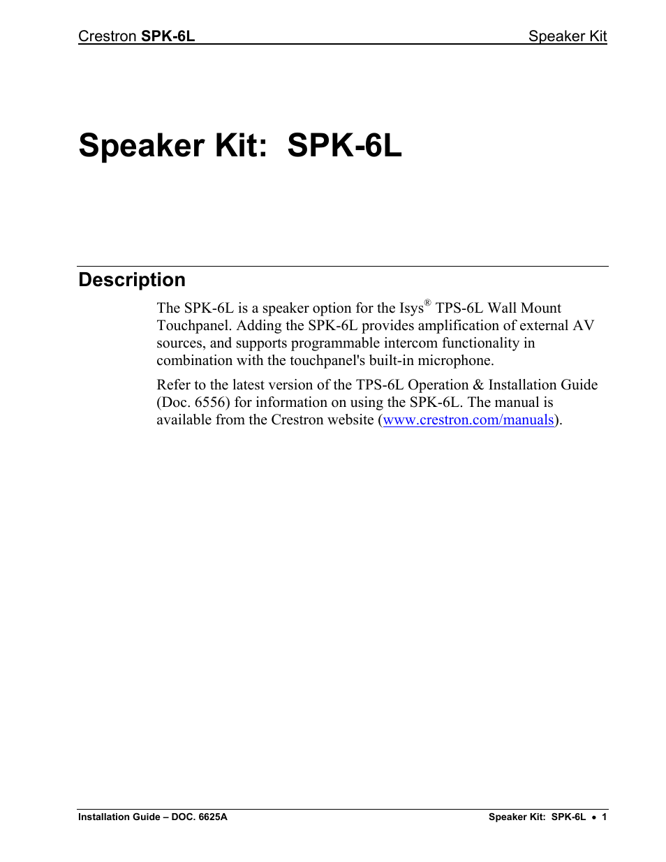 Speaker kit: spk-6l, Description | Crestron electronic SPK-6L User Manual | Page 3 / 12