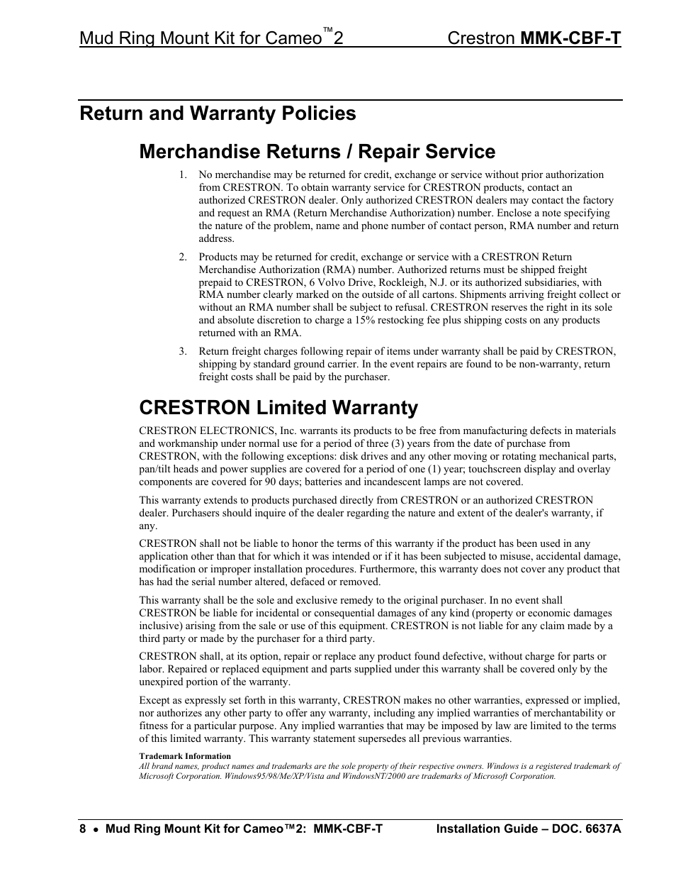 Return and warranty policies, Merchandise returns / repair service, Crestron limited warranty | Mud ring mount kit for cameo, 2 crestron mmk-cbf-t | Crestron electronic Mud Ring Mount Kit for Cameo 2 MMK-CBF-T User Manual | Page 10 / 12