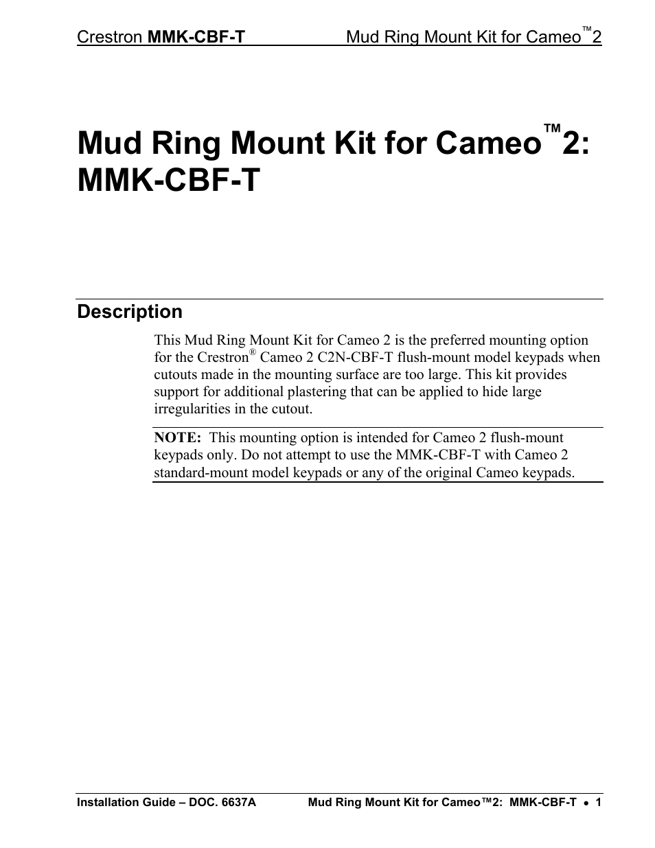 Mud ring mount kit for cameo™2: mmk-cbf-t, Description, Mud ring mount kit for cameo | Mmk-cbf-t | Crestron electronic Mud Ring Mount Kit for Cameo 2 MMK-CBF-T User Manual | Page 3 / 12
