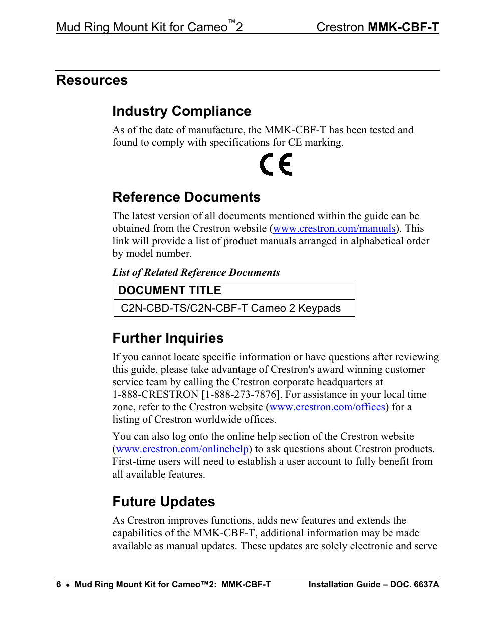 Resources, Industry compliance, Reference documents | Further inquiries, Future updates, Resources industry compliance | Crestron electronic Mud Ring Mount Kit for Cameo 2 MMK-CBF-T User Manual | Page 8 / 12