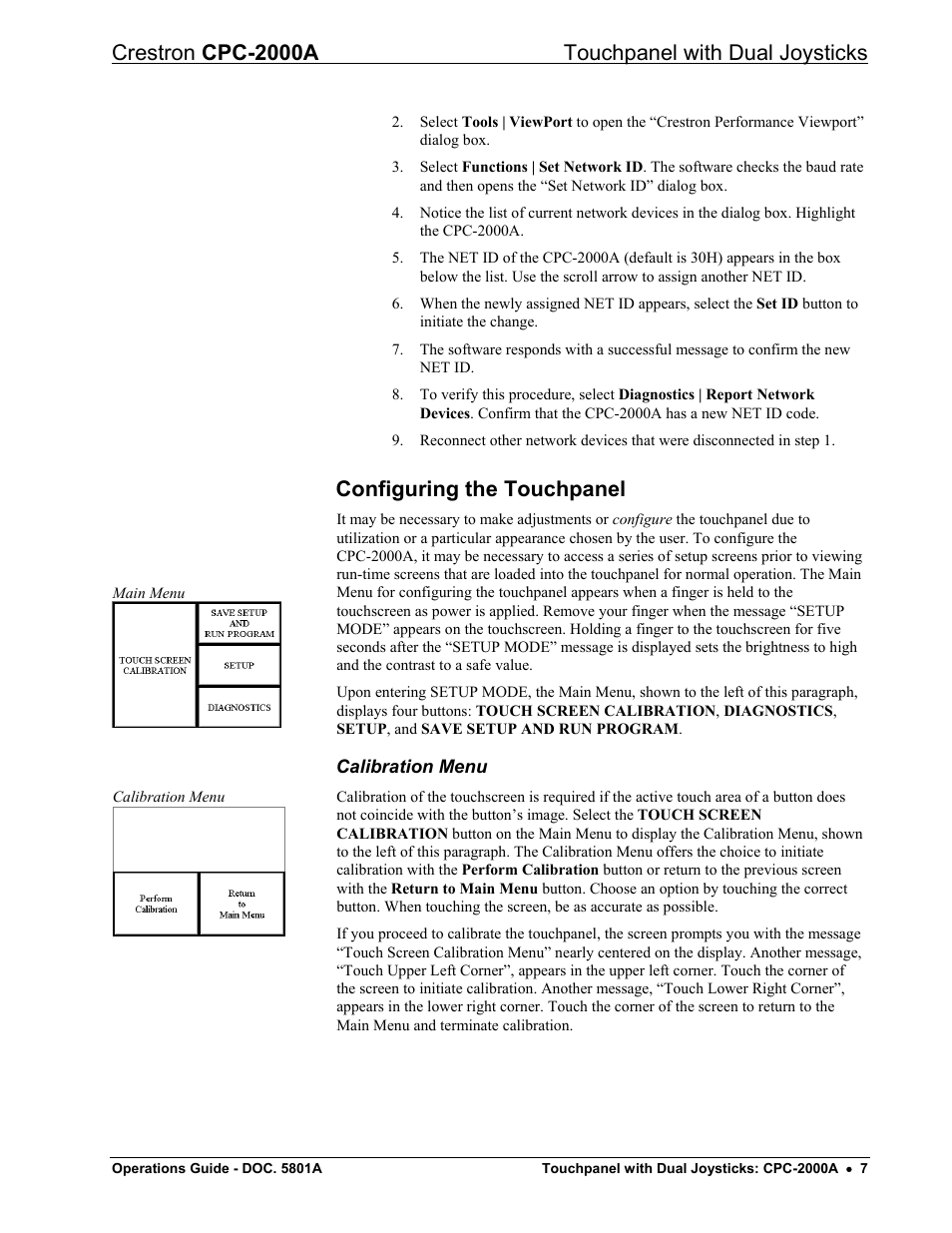 Configuring the touchpanel, Calibration menu, Crestron cpc-2000a touchpanel with dual joysticks | Crestron electronic CPC-2000A User Manual | Page 11 / 24