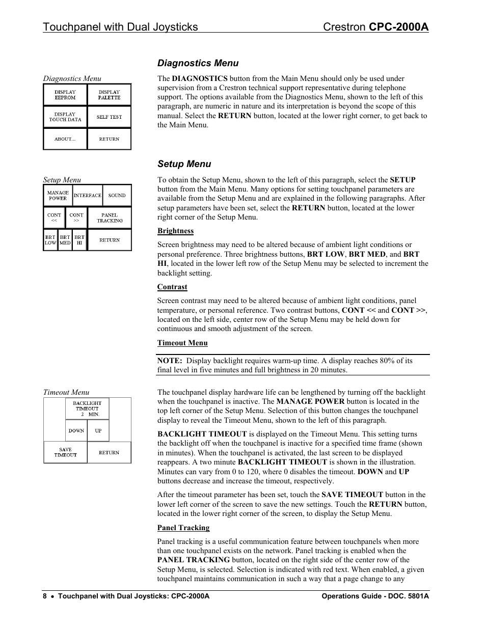 Diagnostics menu, Setup menu, Touchpanel with dual joysticks crestron cpc-2000a | Crestron electronic CPC-2000A User Manual | Page 12 / 24