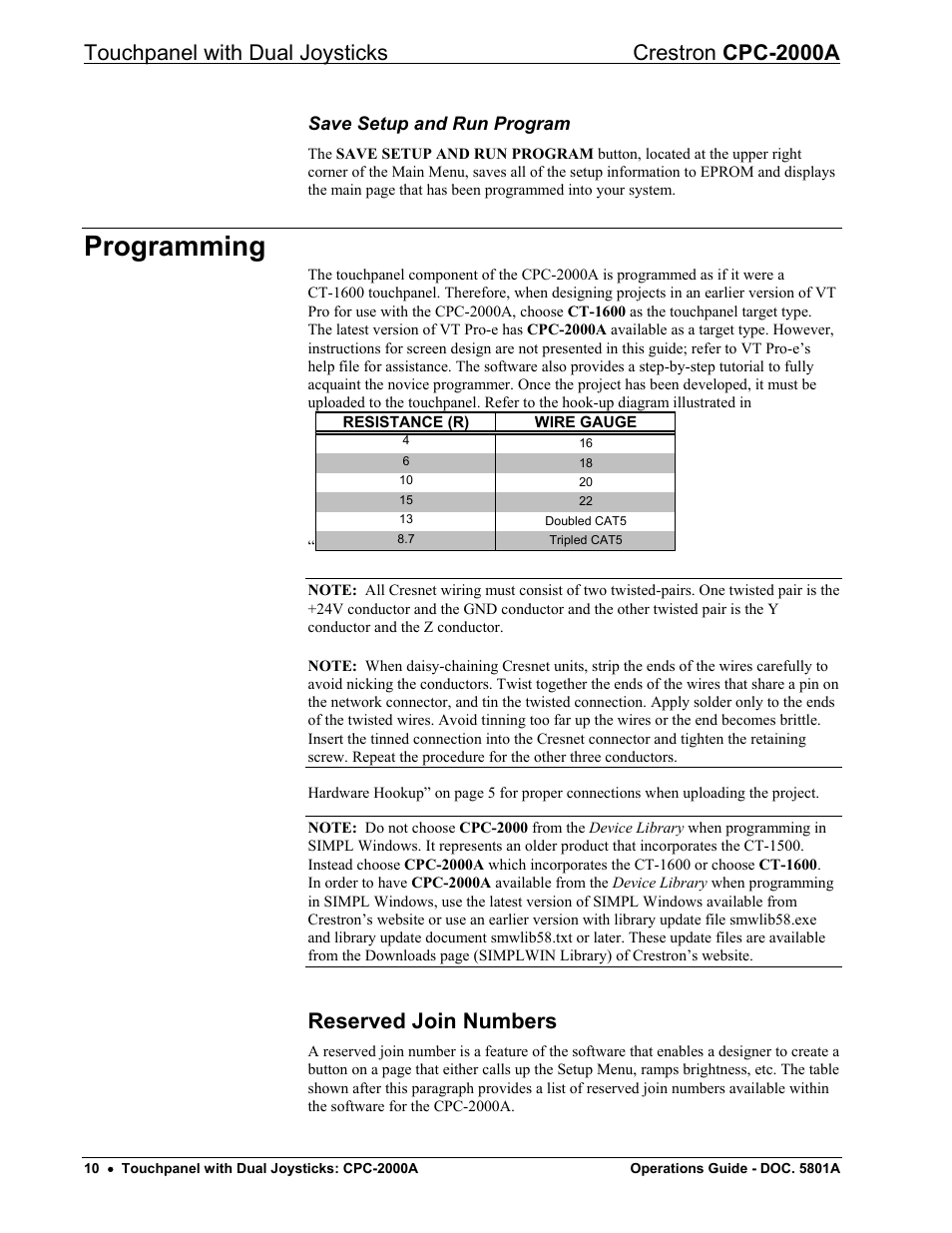 Save setup and run program, Programming, Reserved join numbers | Touchpanel with dual joysticks crestron cpc-2000a | Crestron electronic CPC-2000A User Manual | Page 14 / 24