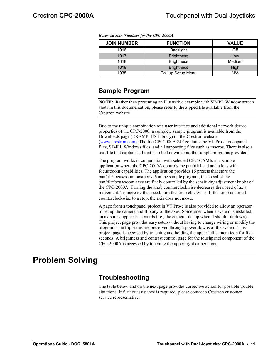 Sample program, Problem solving, Troubleshooting | Crestron cpc-2000a touchpanel with dual joysticks | Crestron electronic CPC-2000A User Manual | Page 15 / 24