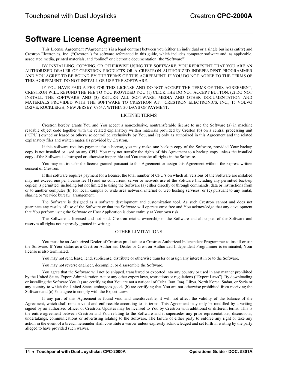 Software license agreement, Touchpanel with dual joysticks crestron cpc-2000a | Crestron electronic CPC-2000A User Manual | Page 18 / 24