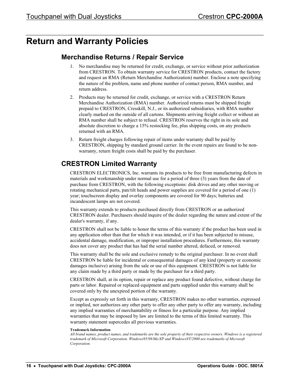 Return and warranty policies, Merchandise returns / repair service, Crestron limited warranty | Touchpanel with dual joysticks crestron cpc-2000a | Crestron electronic CPC-2000A User Manual | Page 20 / 24