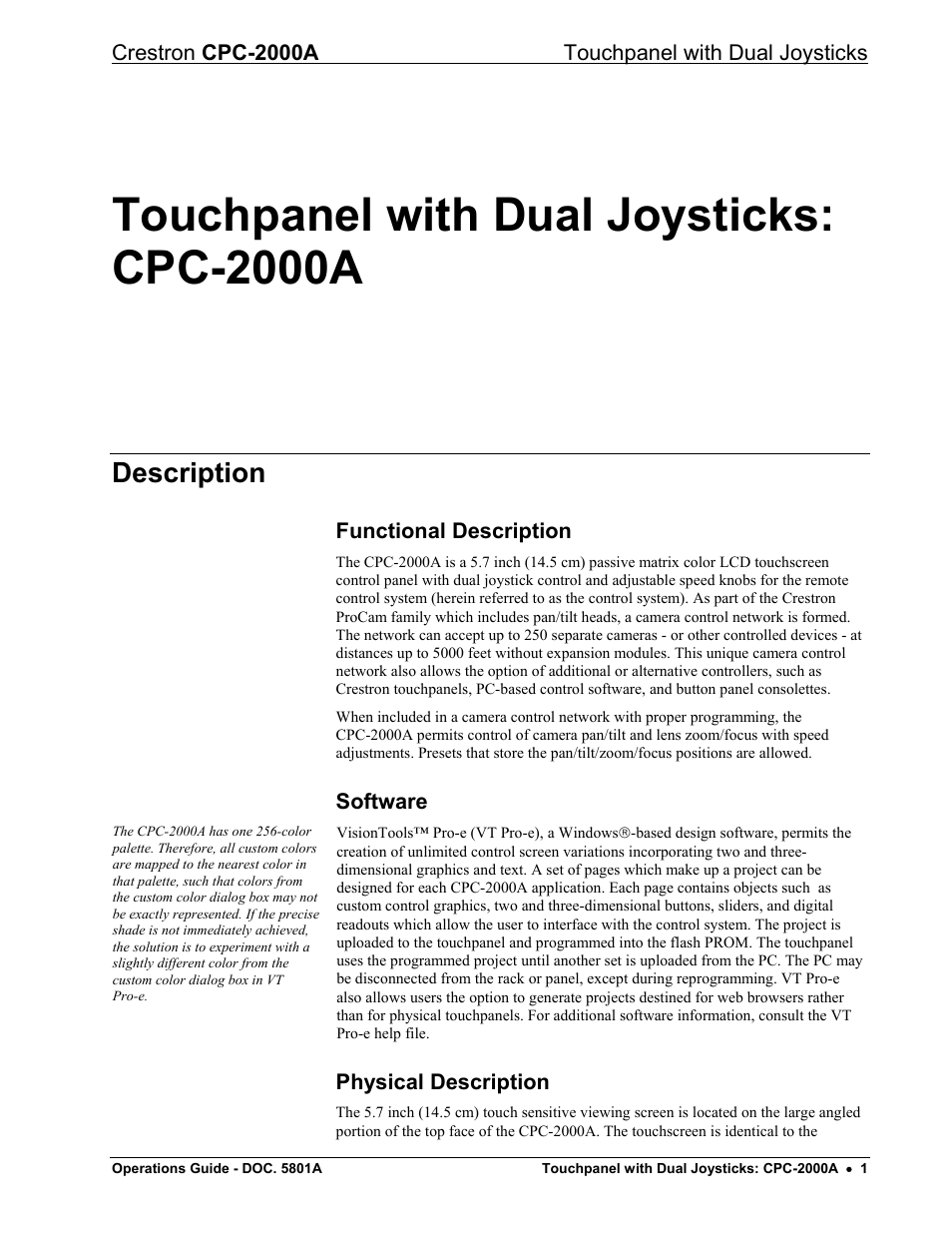 Touchpanel with dual joysticks: cpc-2000a, Description, Functional description | Software, Physical description | Crestron electronic CPC-2000A User Manual | Page 5 / 24