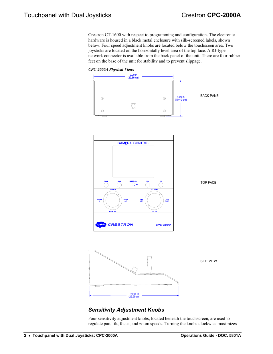Sensitivity adjustment knobs, Touchpanel with dual joysticks crestron cpc-2000a | Crestron electronic CPC-2000A User Manual | Page 6 / 24