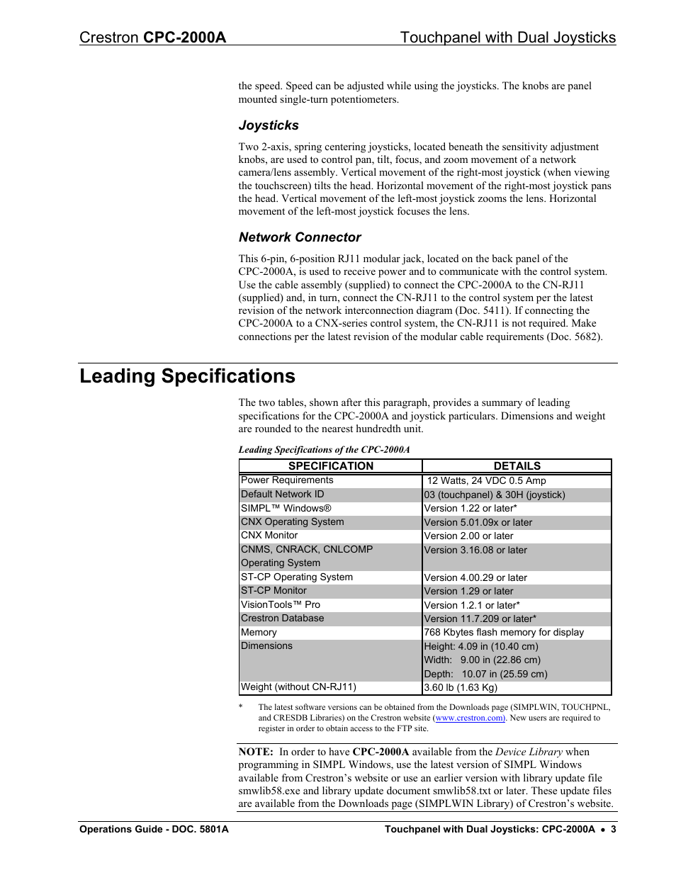 Joysticks, Network connector, Leading specifications | Crestron cpc-2000a touchpanel with dual joysticks | Crestron electronic CPC-2000A User Manual | Page 7 / 24