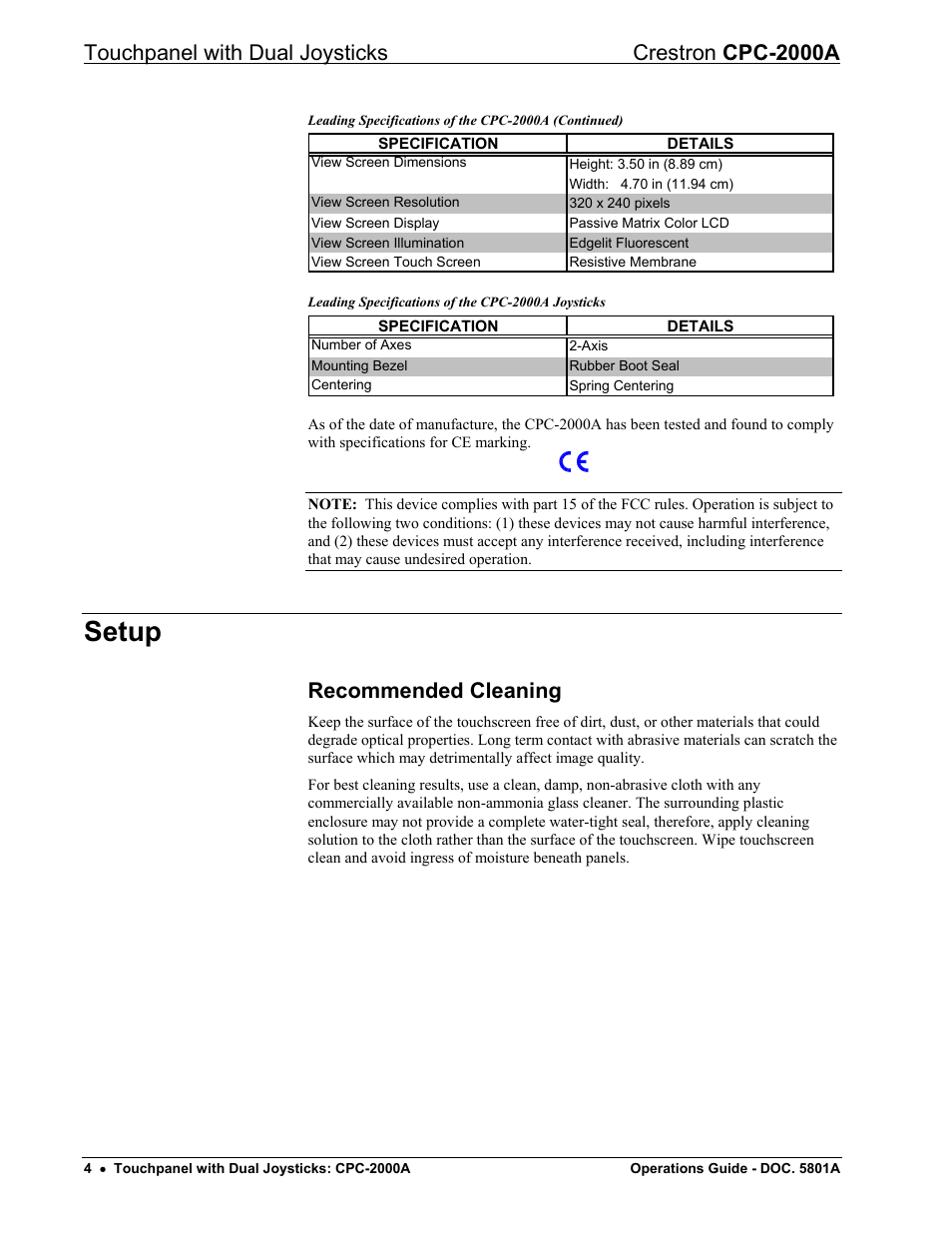 Setup, Recommended cleaning, Touchpanel with dual joysticks crestron cpc-2000a | Crestron electronic CPC-2000A User Manual | Page 8 / 24