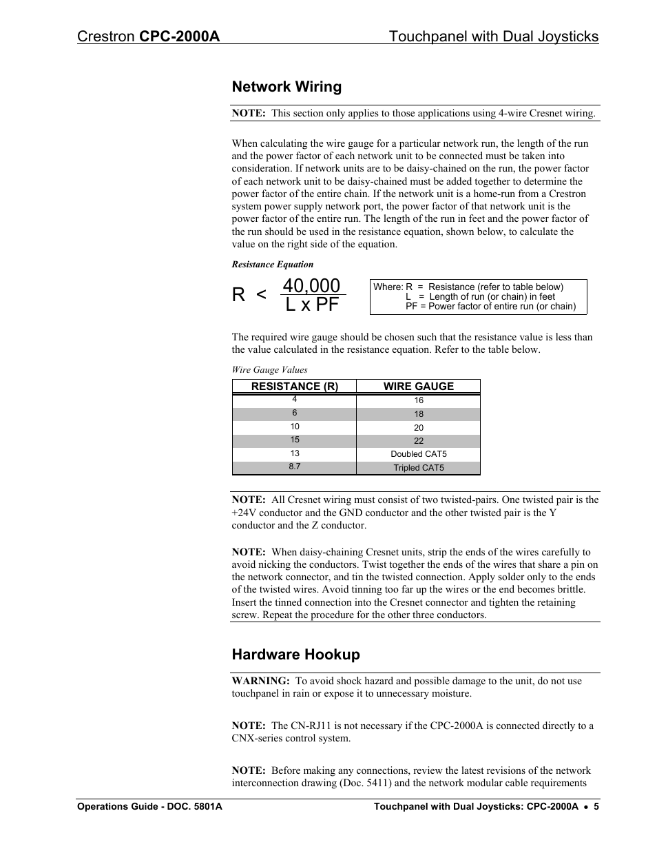 Network wiring, Hardware hookup, Crestron cpc-2000a touchpanel with dual joysticks | Crestron electronic CPC-2000A User Manual | Page 9 / 24