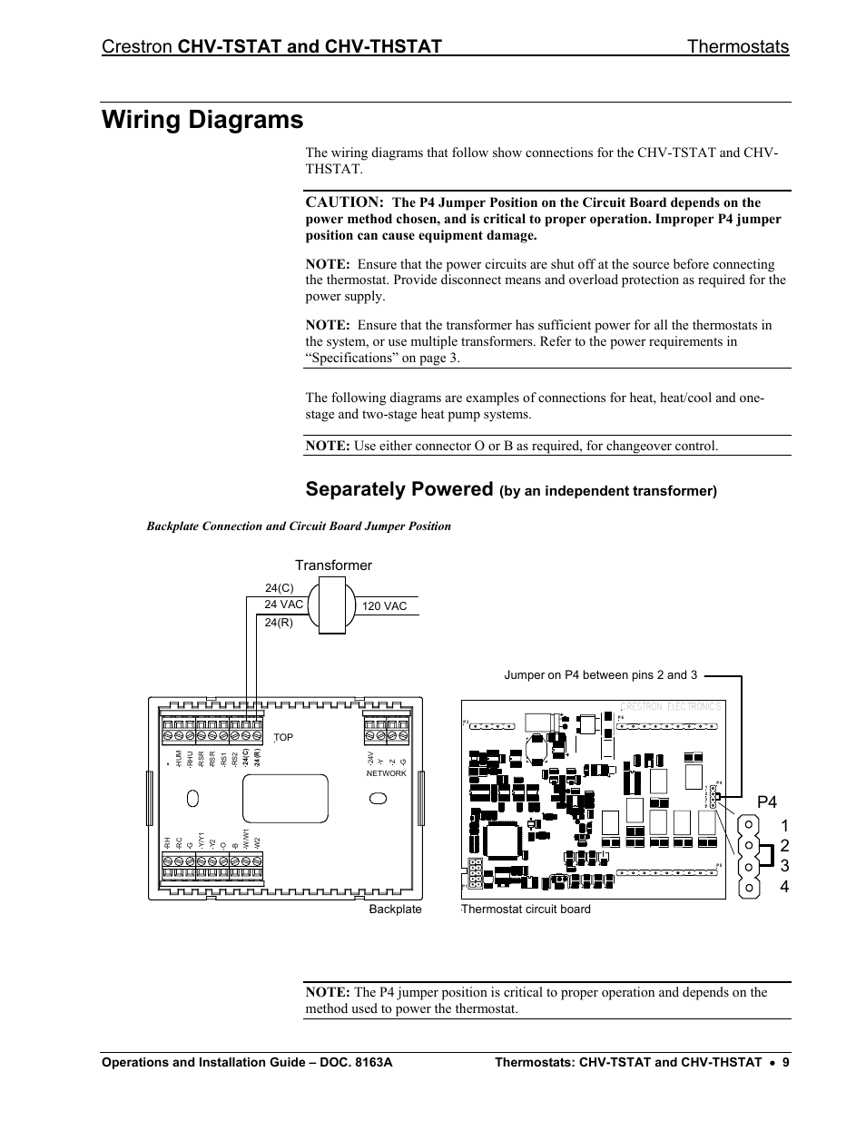 Wiring diagrams, Separately powered (by an independent transformer), Separately powered | Crestron chv-tstat and chv-thstat thermostats, Caution, By an independent transformer), Transformer | Crestron electronic CHV-THSTAT User Manual | Page 13 / 48