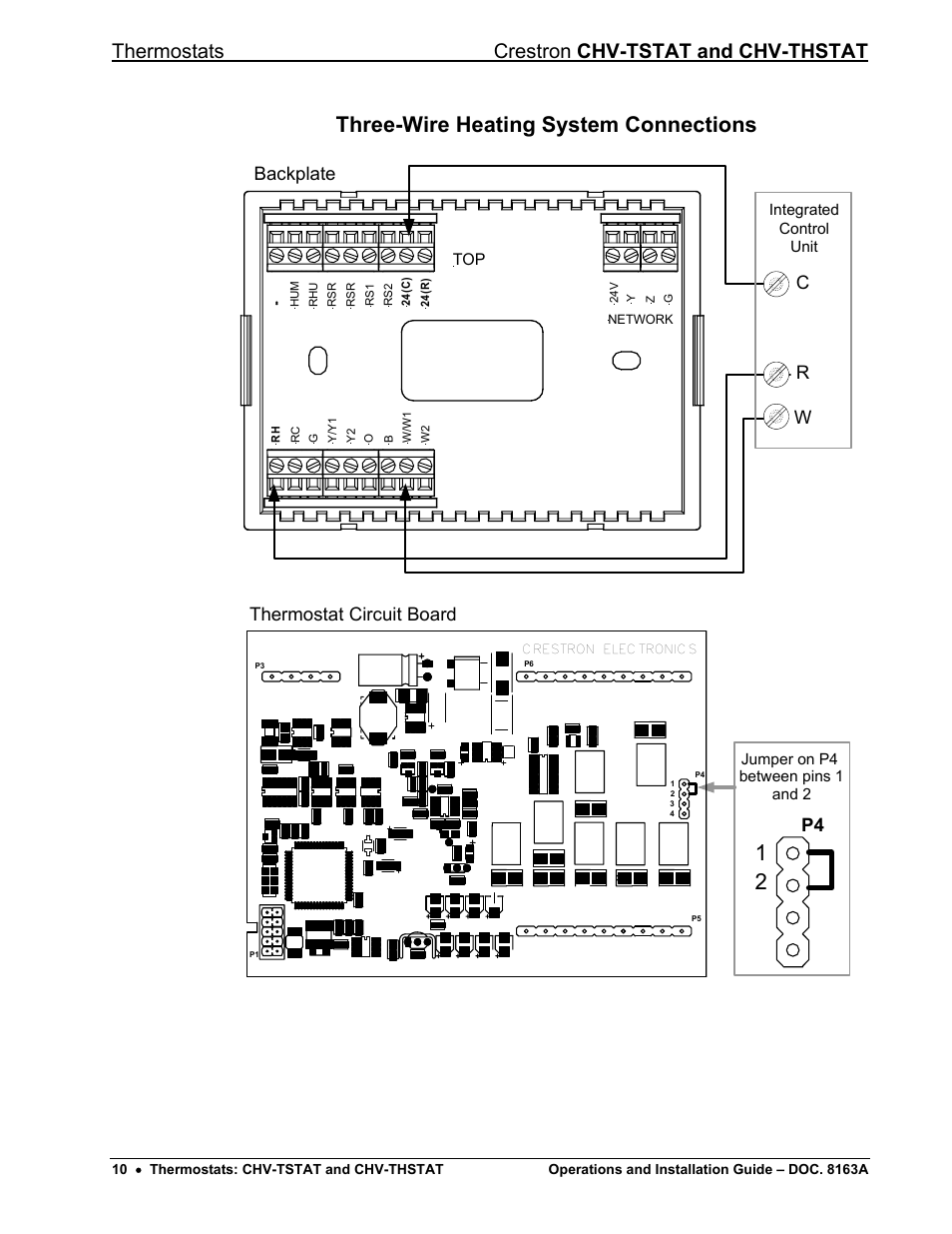 Three-wire heating system connections, Ge 10), Thermostats crestron chv-tstat and chv-thstat | P4 c r w, Backplate thermostat circuit board | Crestron electronic CHV-THSTAT User Manual | Page 14 / 48