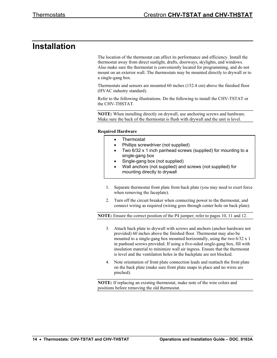 Installation, Ge 14 f, Thermostats crestron chv-tstat and chv-thstat | Crestron electronic CHV-THSTAT User Manual | Page 18 / 48