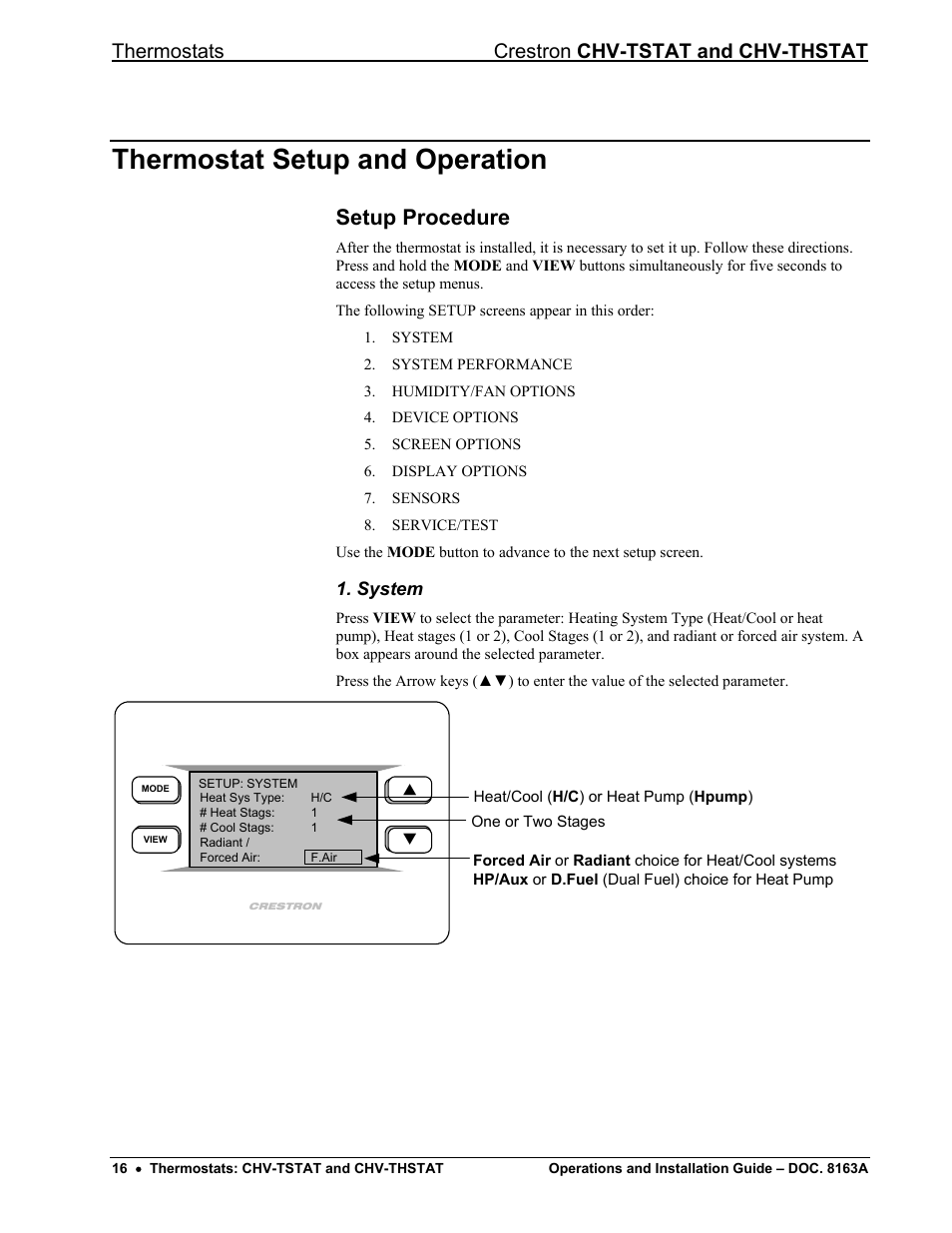 Thermostat setup and operation, Setup procedure, System | Ge 16), Thermostats crestron chv-tstat and chv-thstat | Crestron electronic CHV-THSTAT User Manual | Page 20 / 48