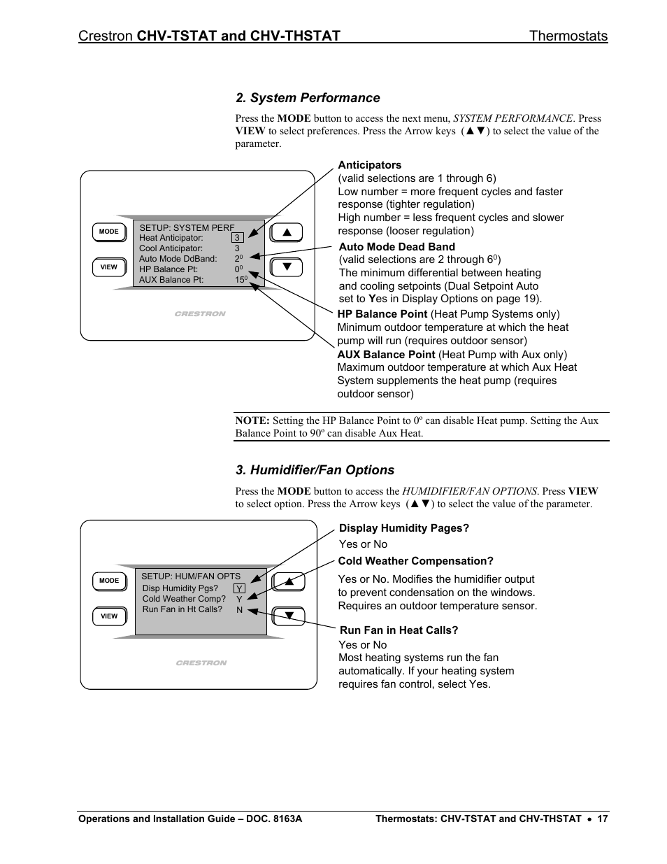 System performance, Humidifier/fan options, Crestron chv-tstat and chv-thstat thermostats | Crestron electronic CHV-THSTAT User Manual | Page 21 / 48