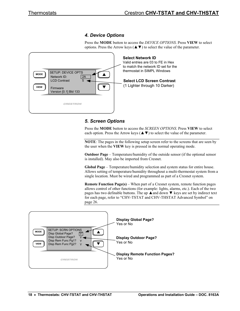 Device options, Screen options, Thermostats crestron chv-tstat and chv-thstat | Crestron electronic CHV-THSTAT User Manual | Page 22 / 48
