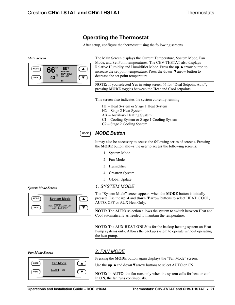 Operating the thermostat, Mode button, System mode | Fan mode, Crestron chv-tstat and chv-thstat thermostats | Crestron electronic CHV-THSTAT User Manual | Page 25 / 48
