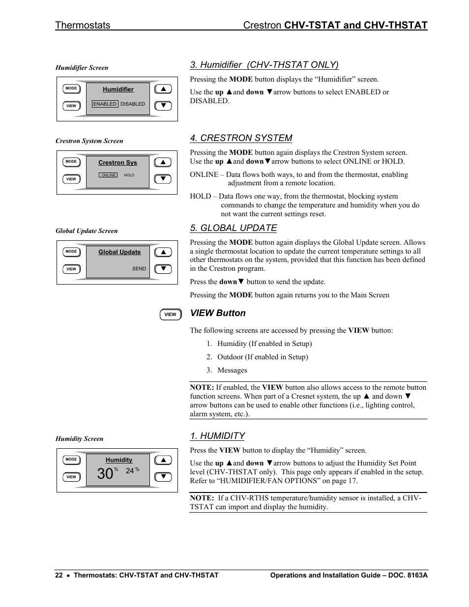 Humidifier (chv-thstat only), Crestron system, Global update | View button, Humidity, Thermostats crestron chv-tstat and chv-thstat | Crestron electronic CHV-THSTAT User Manual | Page 26 / 48