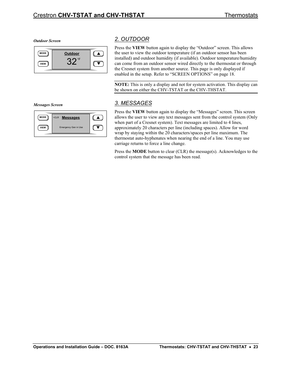 Outdoor, Messages, Crestron chv-tstat and chv-thstat thermostats | Crestron electronic CHV-THSTAT User Manual | Page 27 / 48
