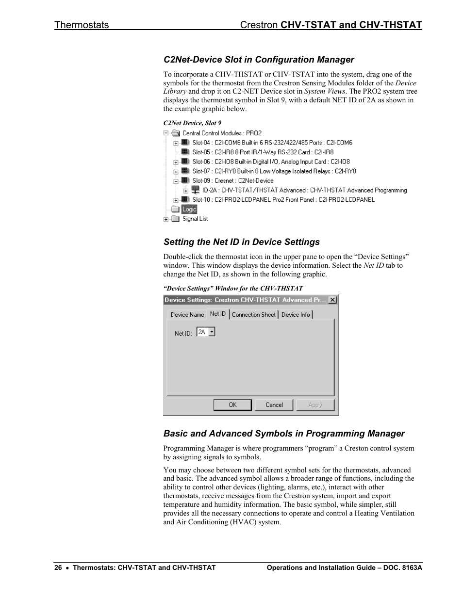 C2net-device slot in configuration manager, Setting the net id in device settings, Basic and advanced symbols in programming manager | Thermostats crestron chv-tstat and chv-thstat | Crestron electronic CHV-THSTAT User Manual | Page 30 / 48